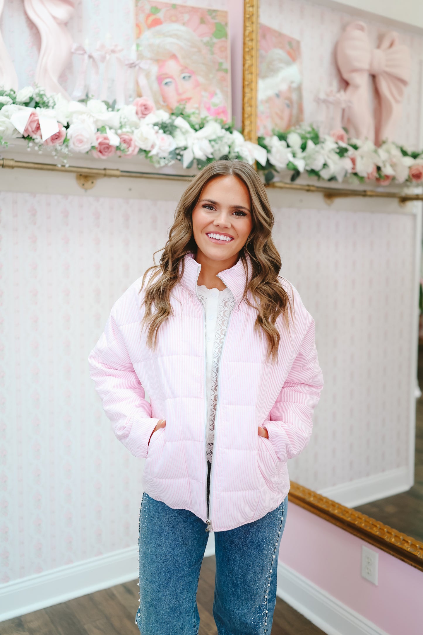 Darbie Striped Lightweight Quilted Jacket - Pink/White