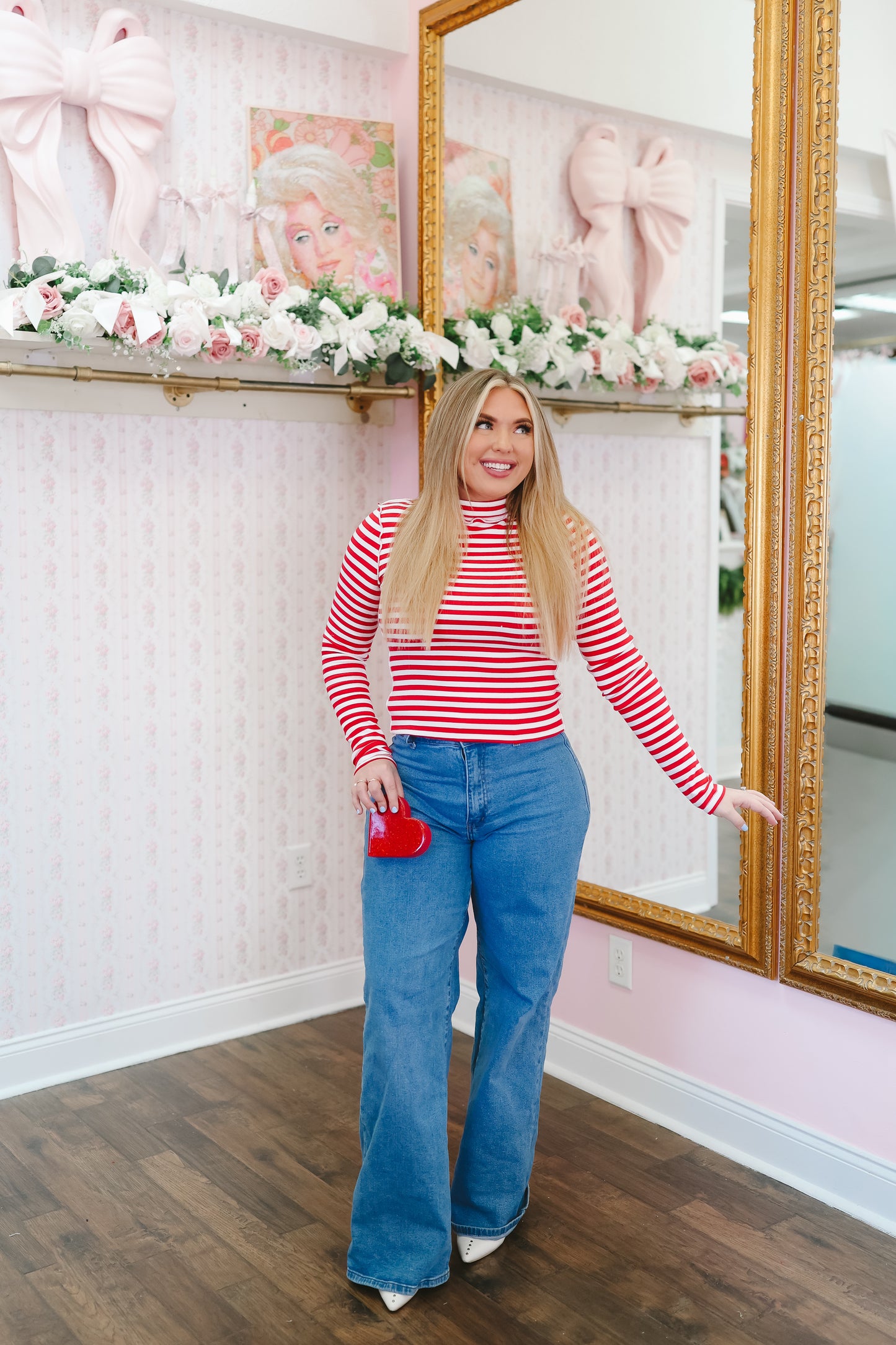 Tarah Striped Mock Neck Top - Red/White