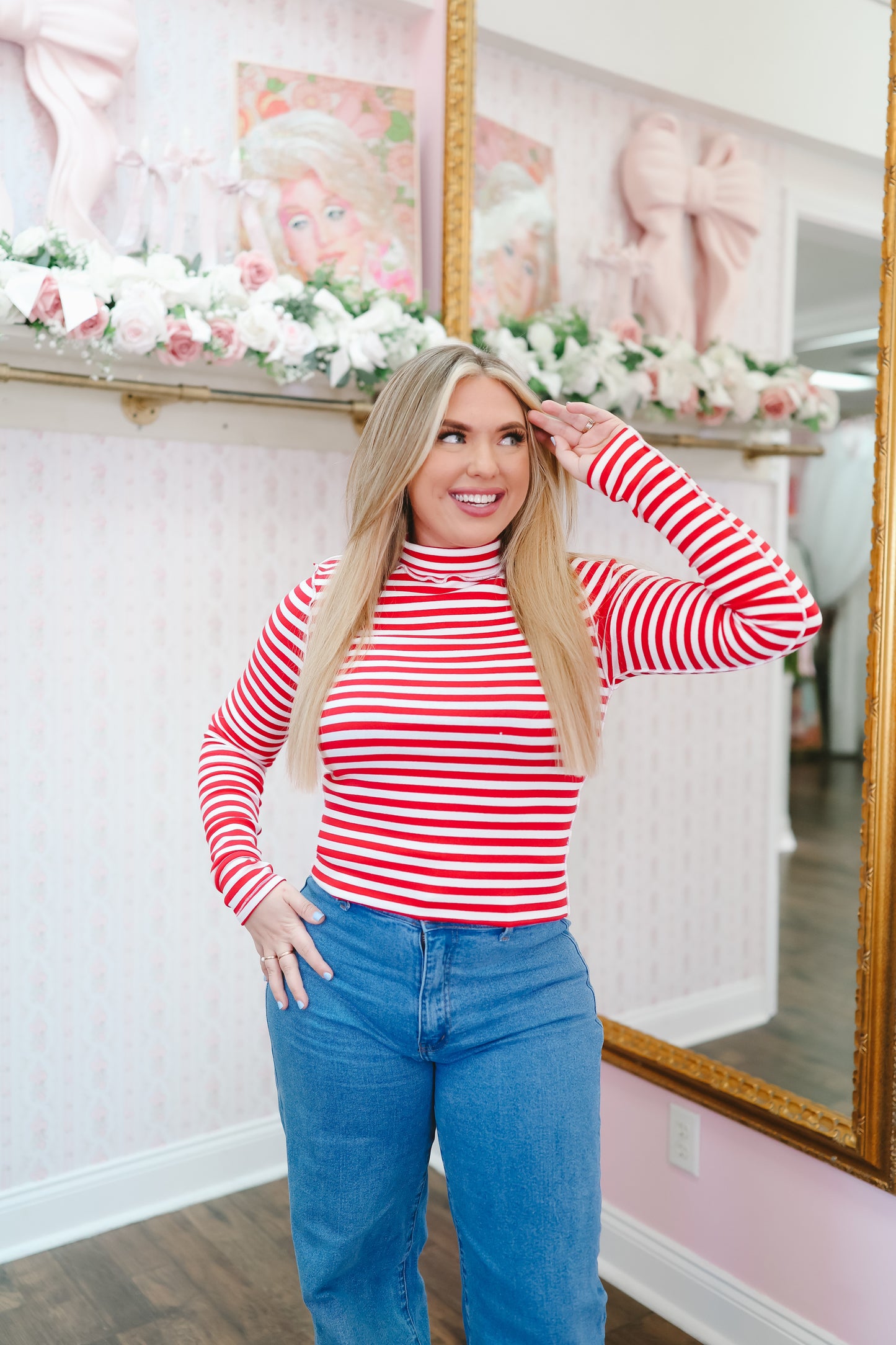 Tarah Striped Mock Neck Top - Red/White