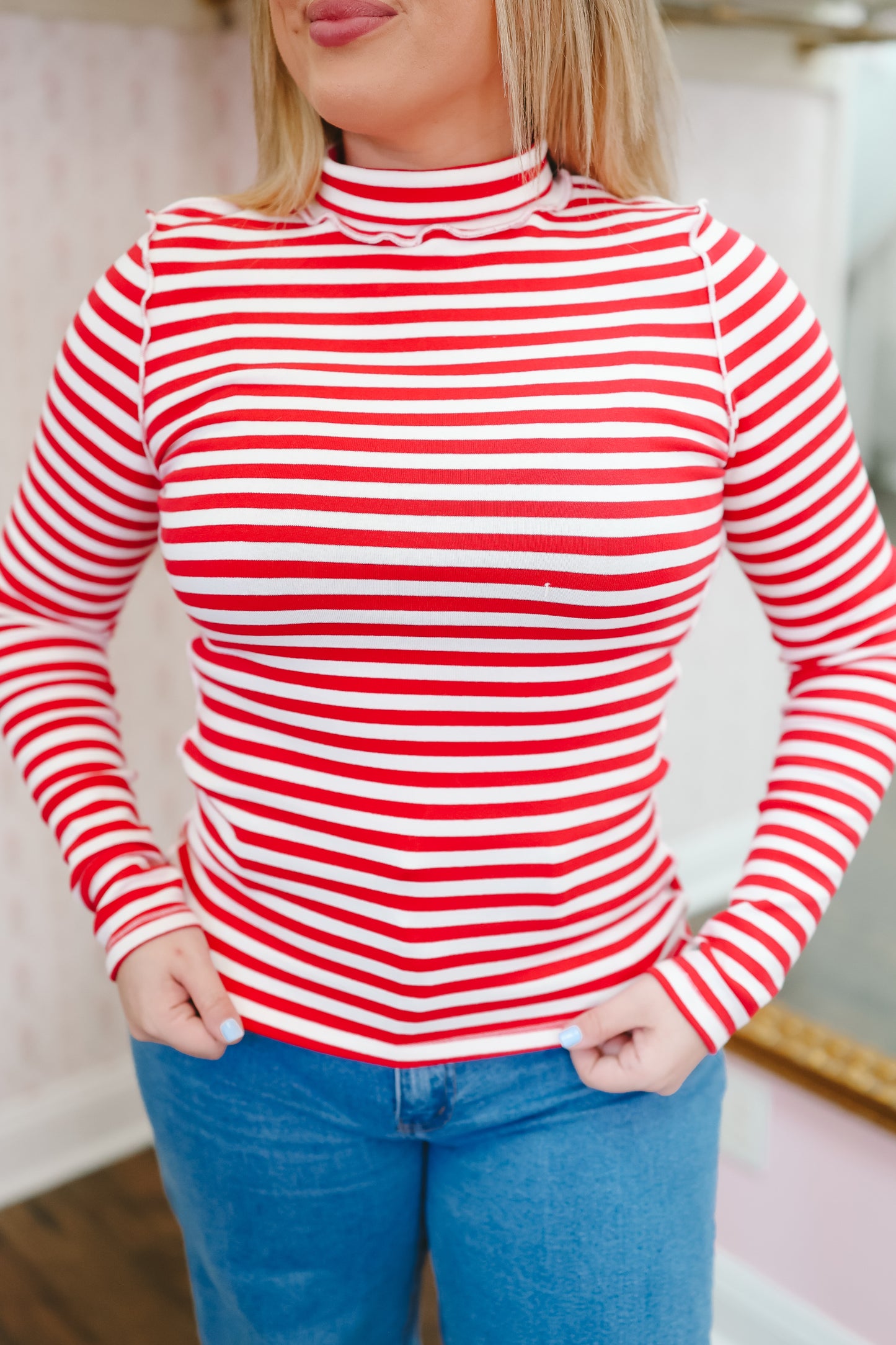 Tarah Striped Mock Neck Top - Red/White