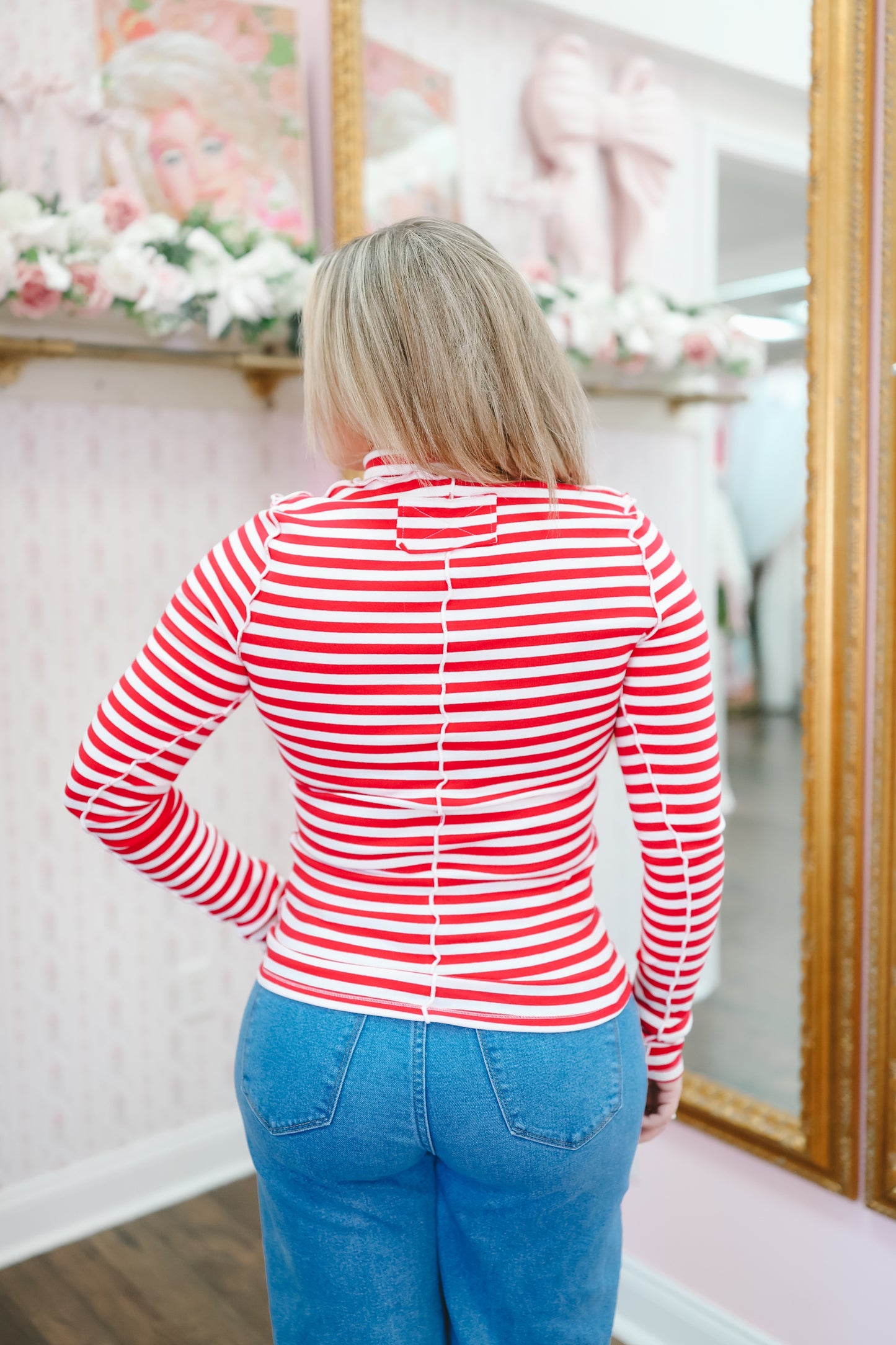 Tarah Striped Mock Neck Top - Red/White