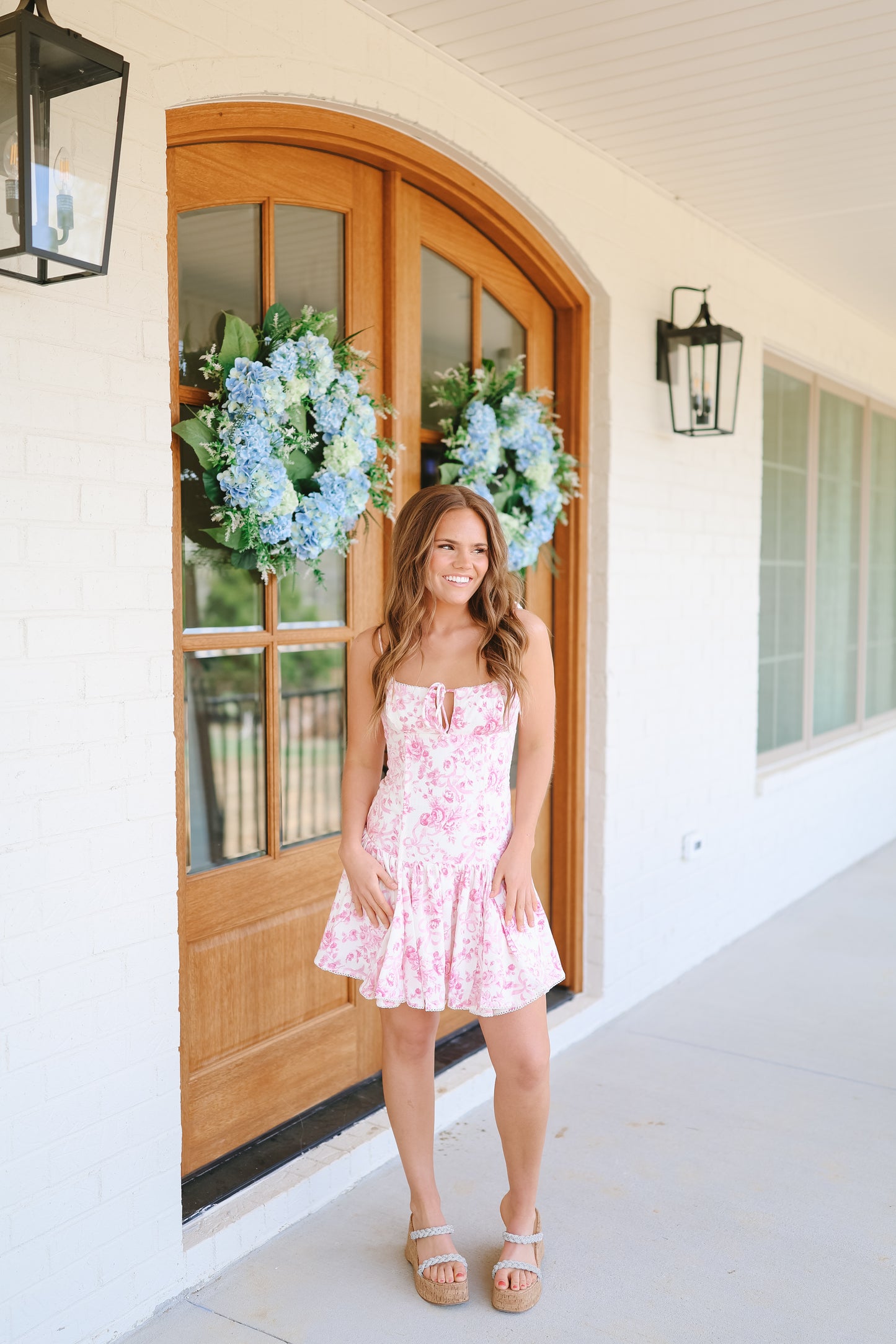 Maura Ribbon Print Tie Strap Dress - Pink