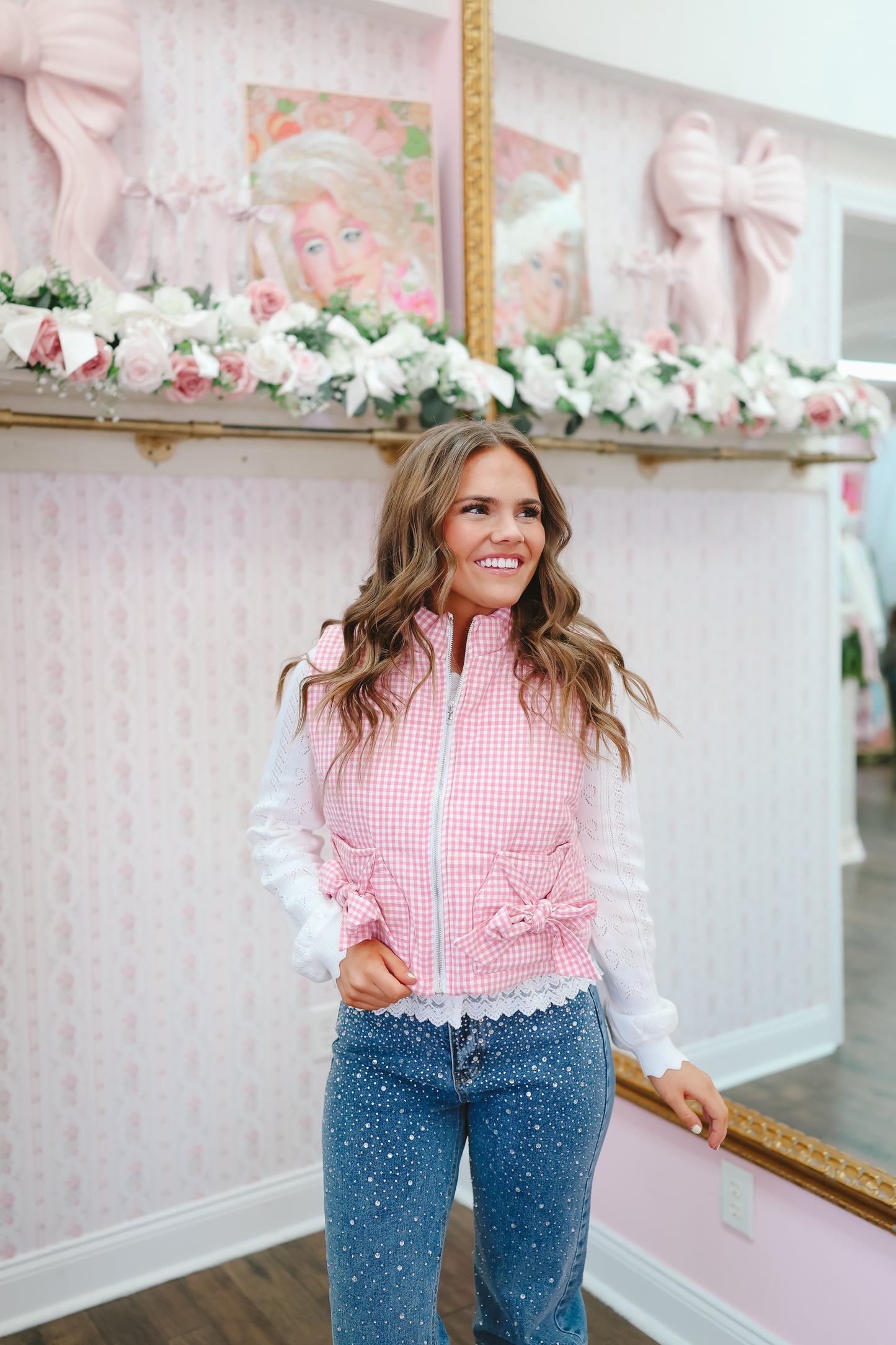 Shawn Gingham Bow Puffer Vest - Pink