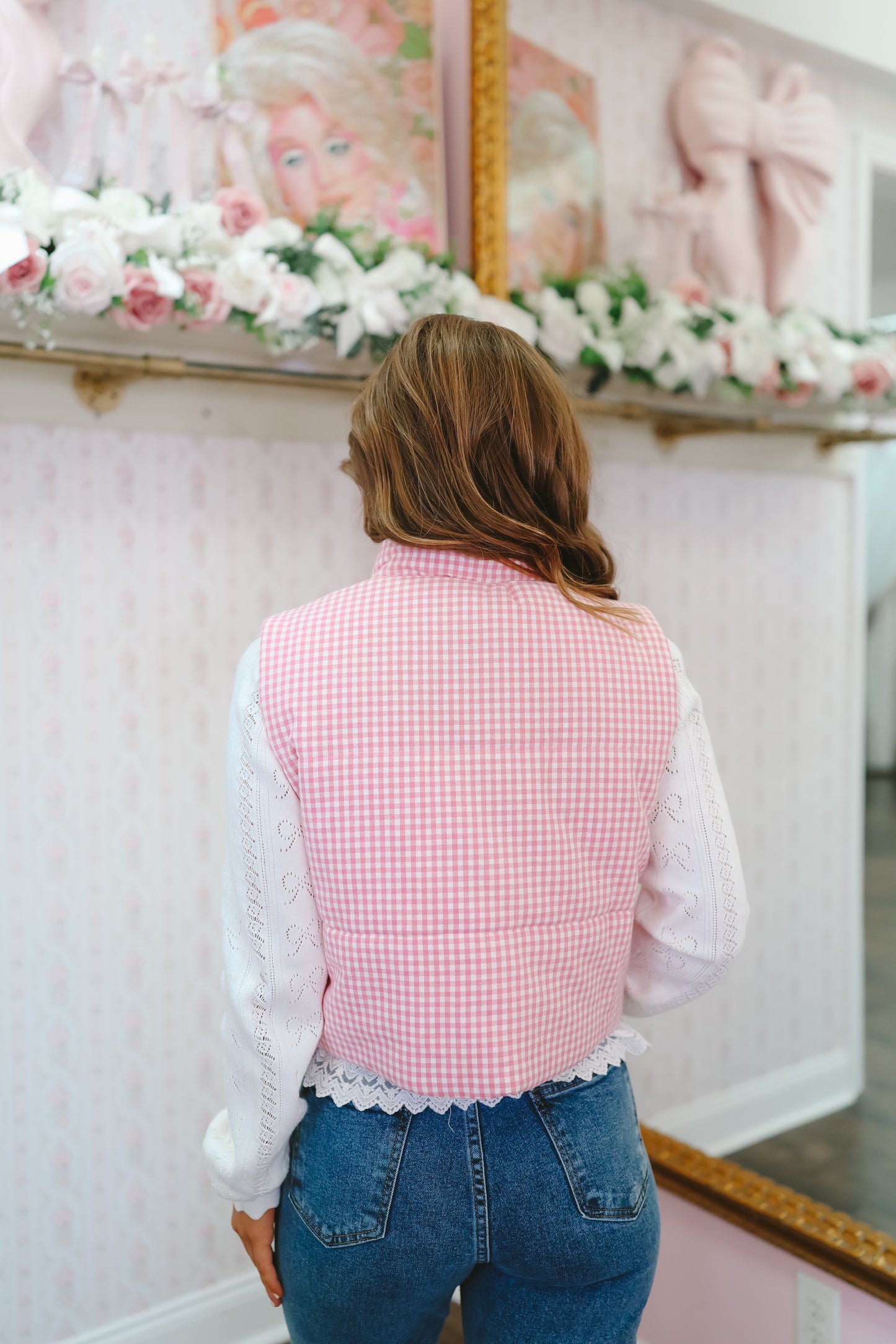 Shawn Gingham Bow Puffer Vest - Pink