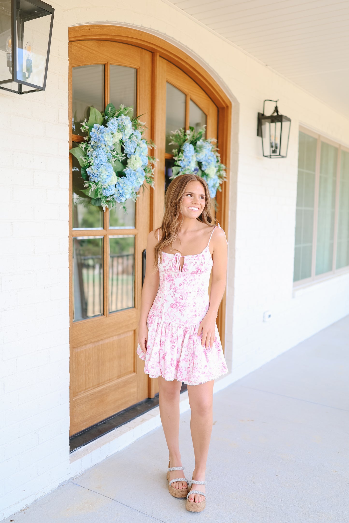 Maura Ribbon Print Tie Strap Dress - Pink