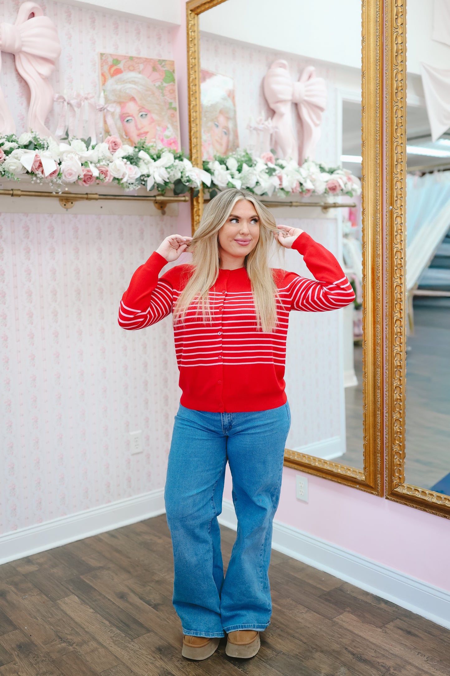 Christie Striped Button Down Cardigan - Red/Pink