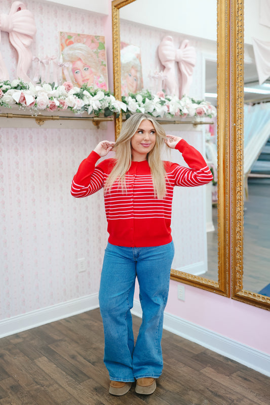 Christie Striped Button Down Cardigan - Red/Pink