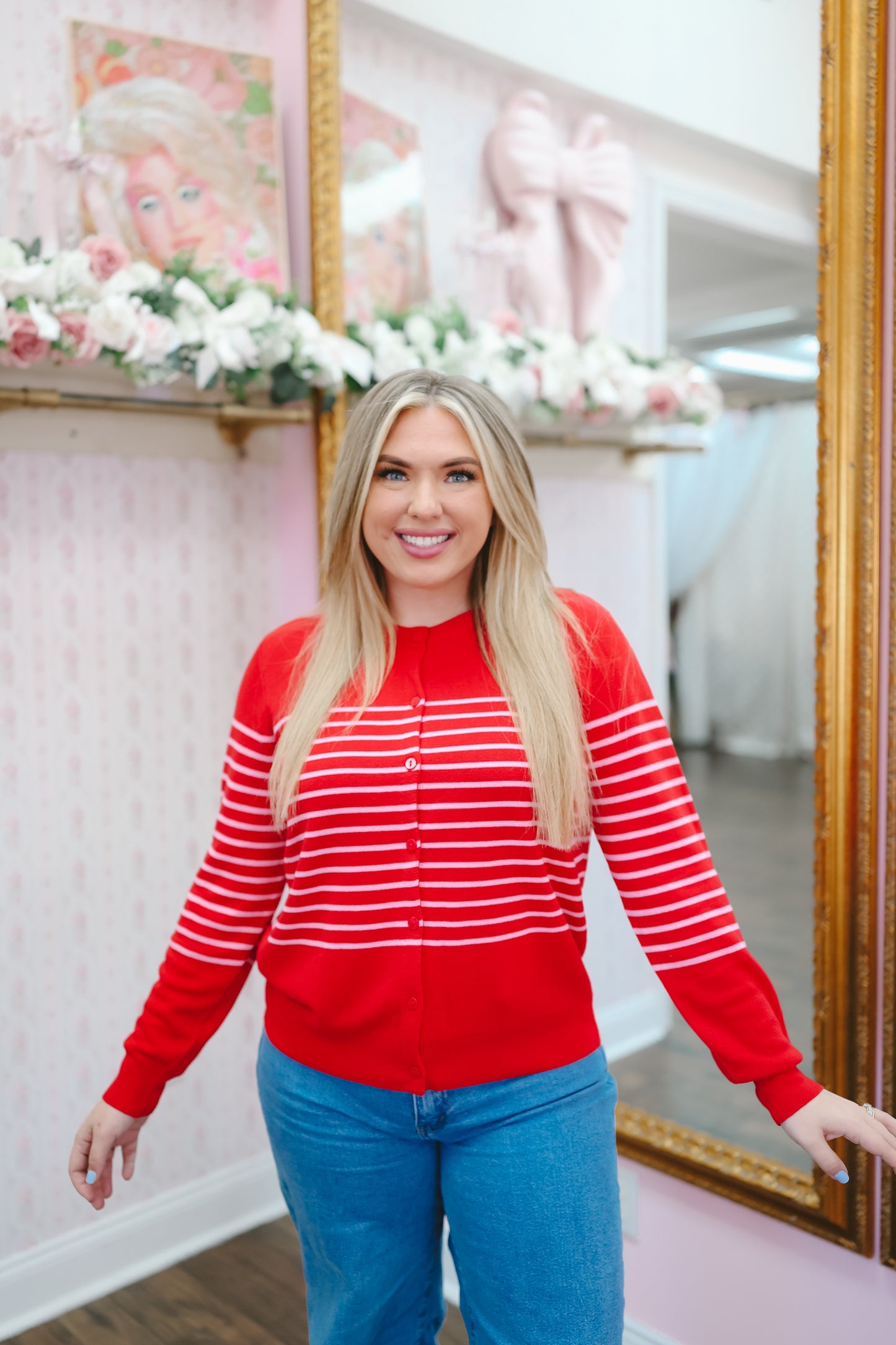 Christie Striped Button Down Cardigan - Red/Pink