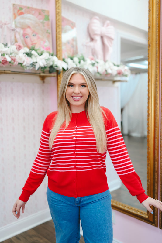 Christie Striped Button Down Cardigan - Red/Pink