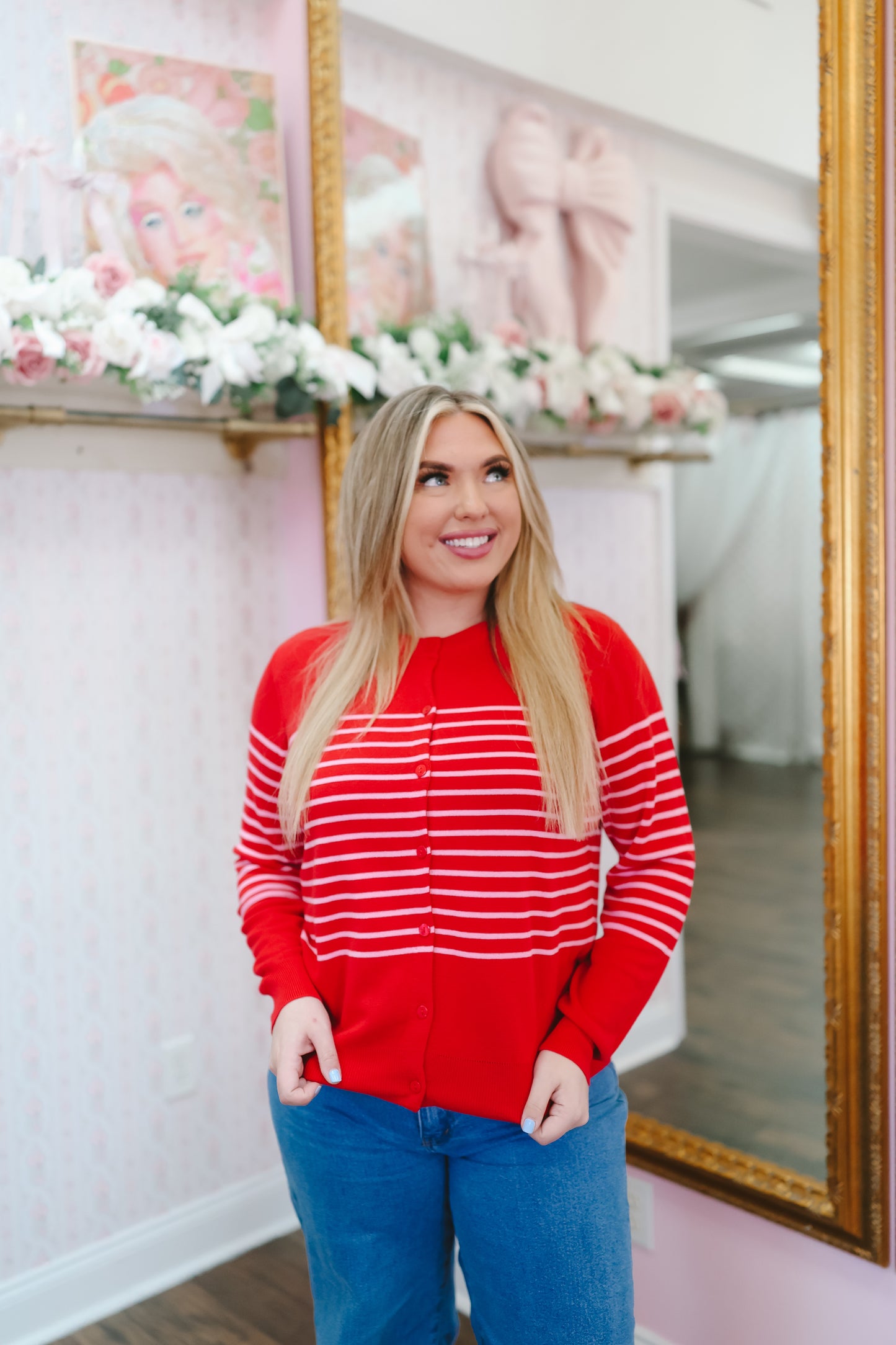 Christie Striped Button Down Cardigan - Red/Pink