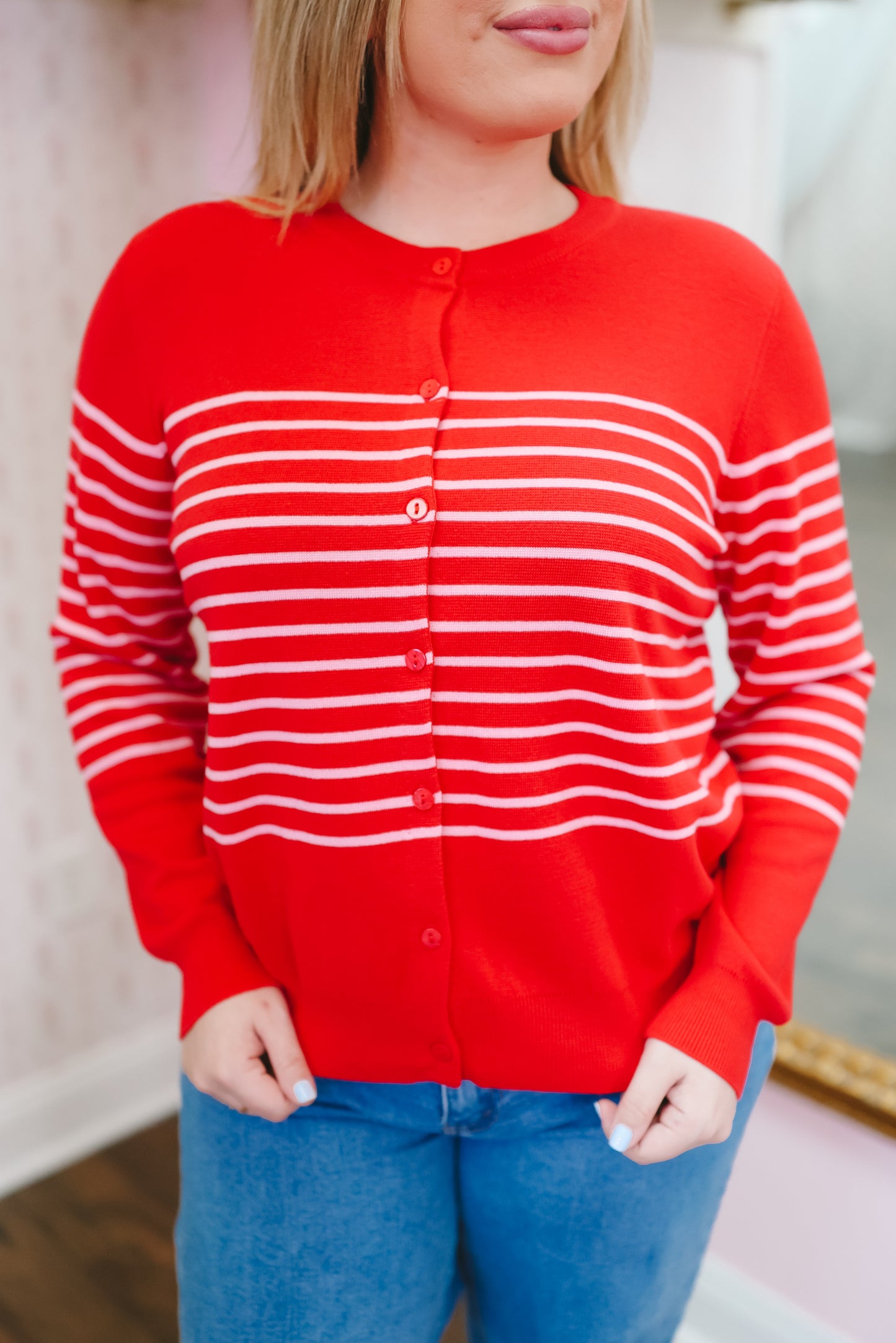 Christie Striped Button Down Cardigan - Red/Pink