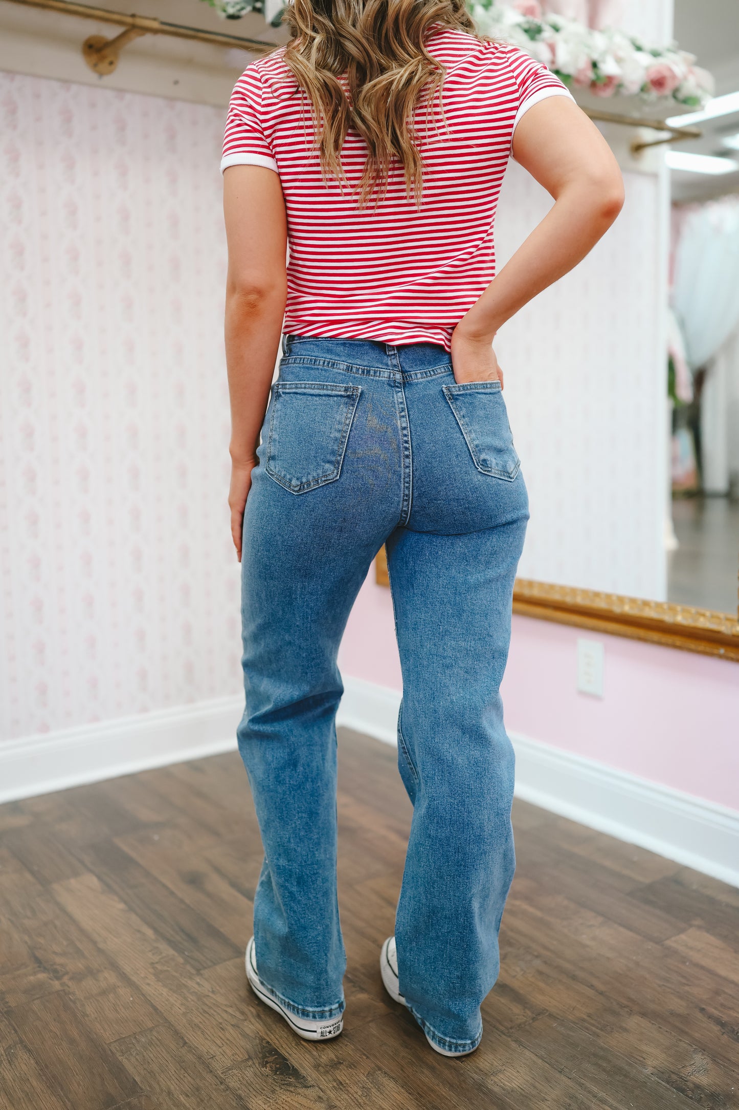 Maddie Rhinestone High Rise Jeans - Medium Wash