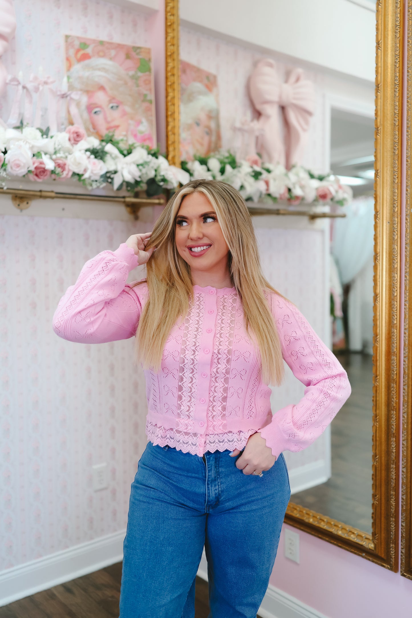 Briley Bow Pointelle Lace Hem Cardigan - Pink