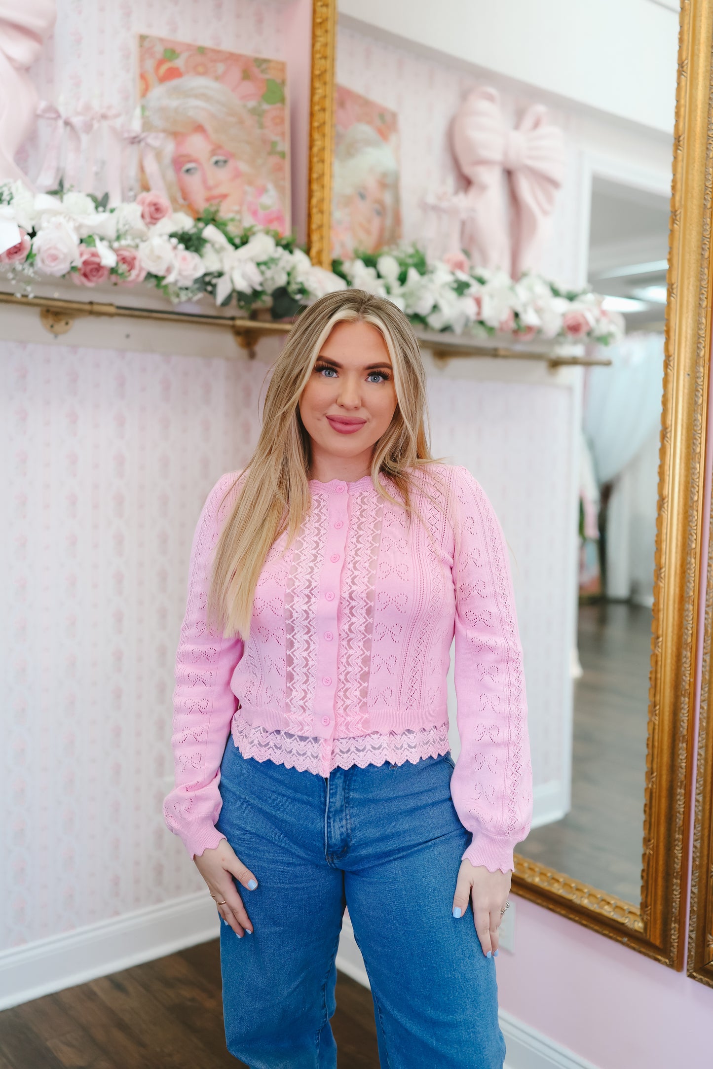 Briley Bow Pointelle Lace Hem Cardigan - Pink