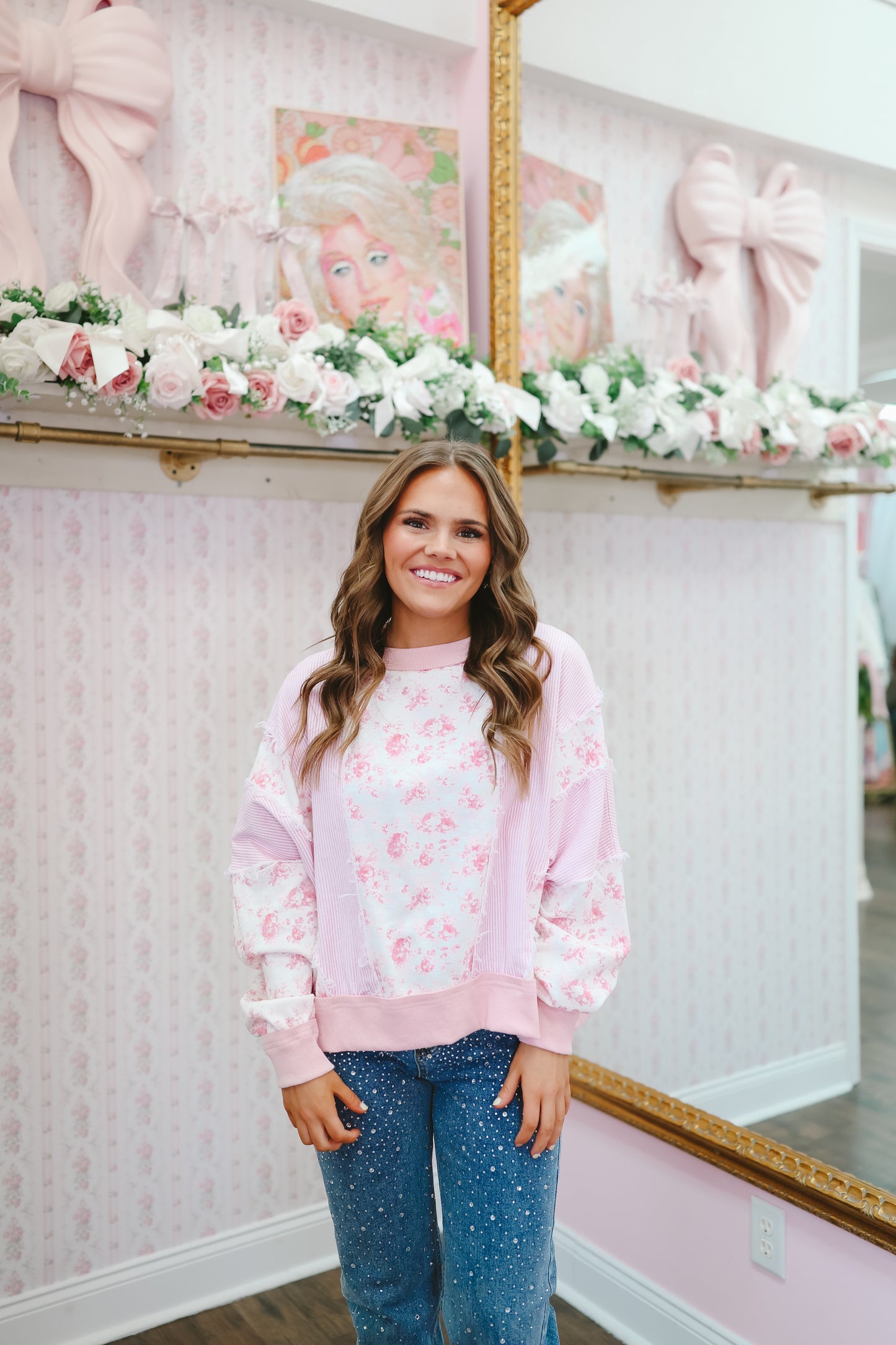 Baker Floral Terry Stripe Color Block Top - Light Pink