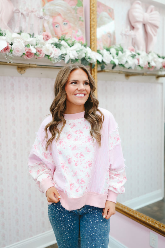 Baker Floral Terry Stripe Color Block Top - Light Pink