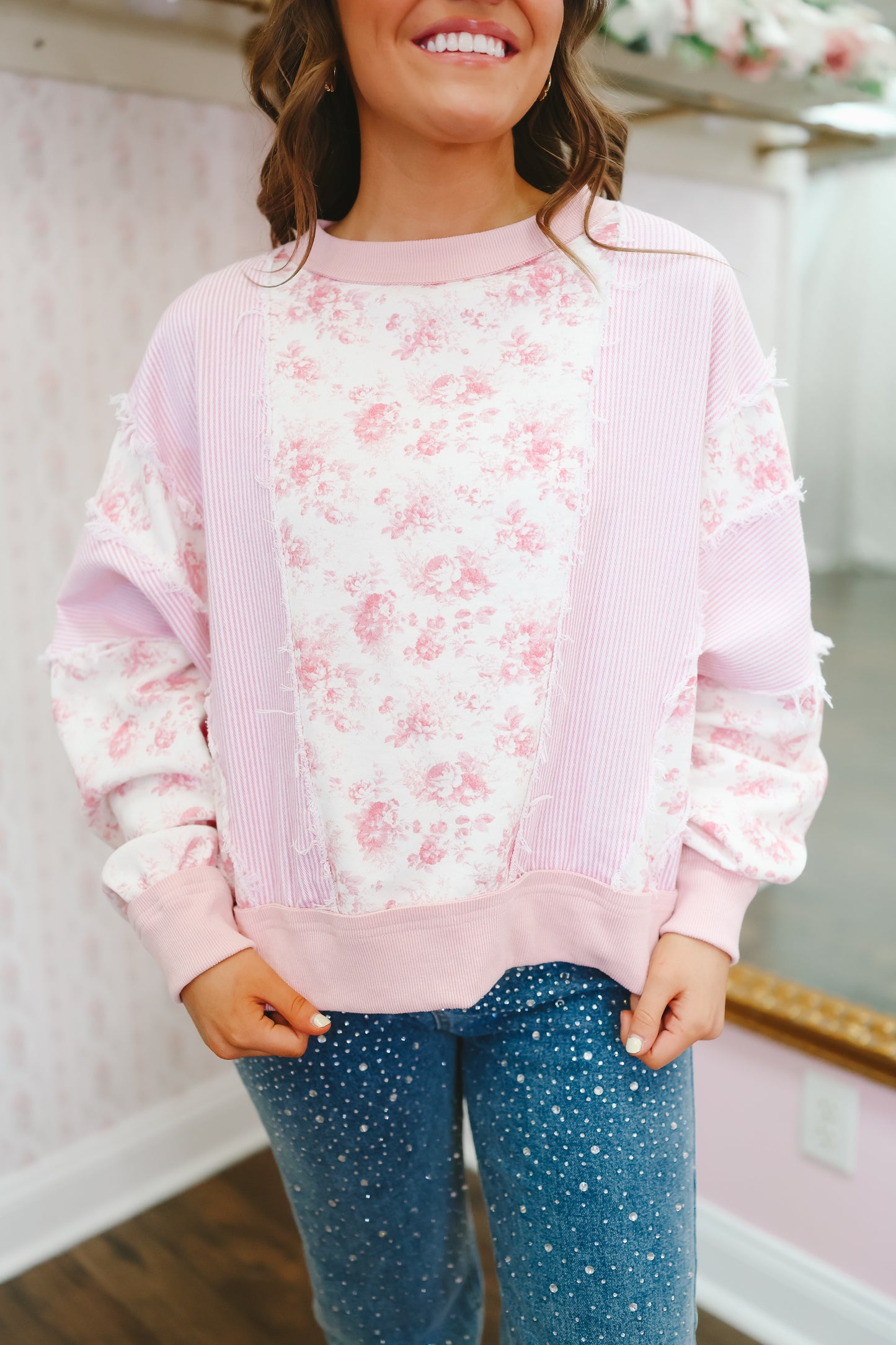 Baker Floral Terry Stripe Color Block Top - Light Pink