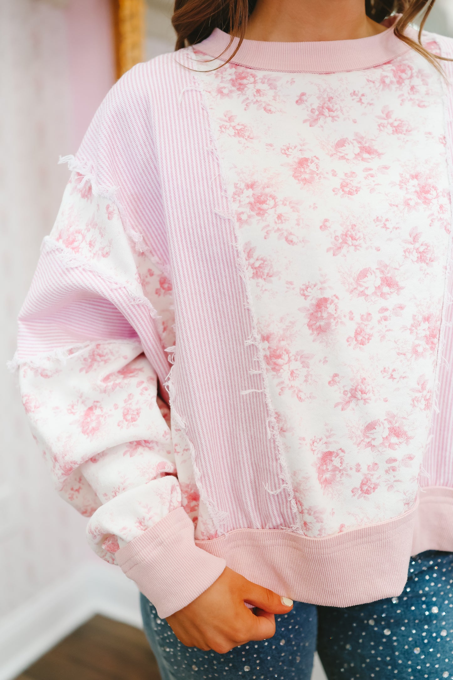 Baker Floral Terry Stripe Color Block Top - Light Pink