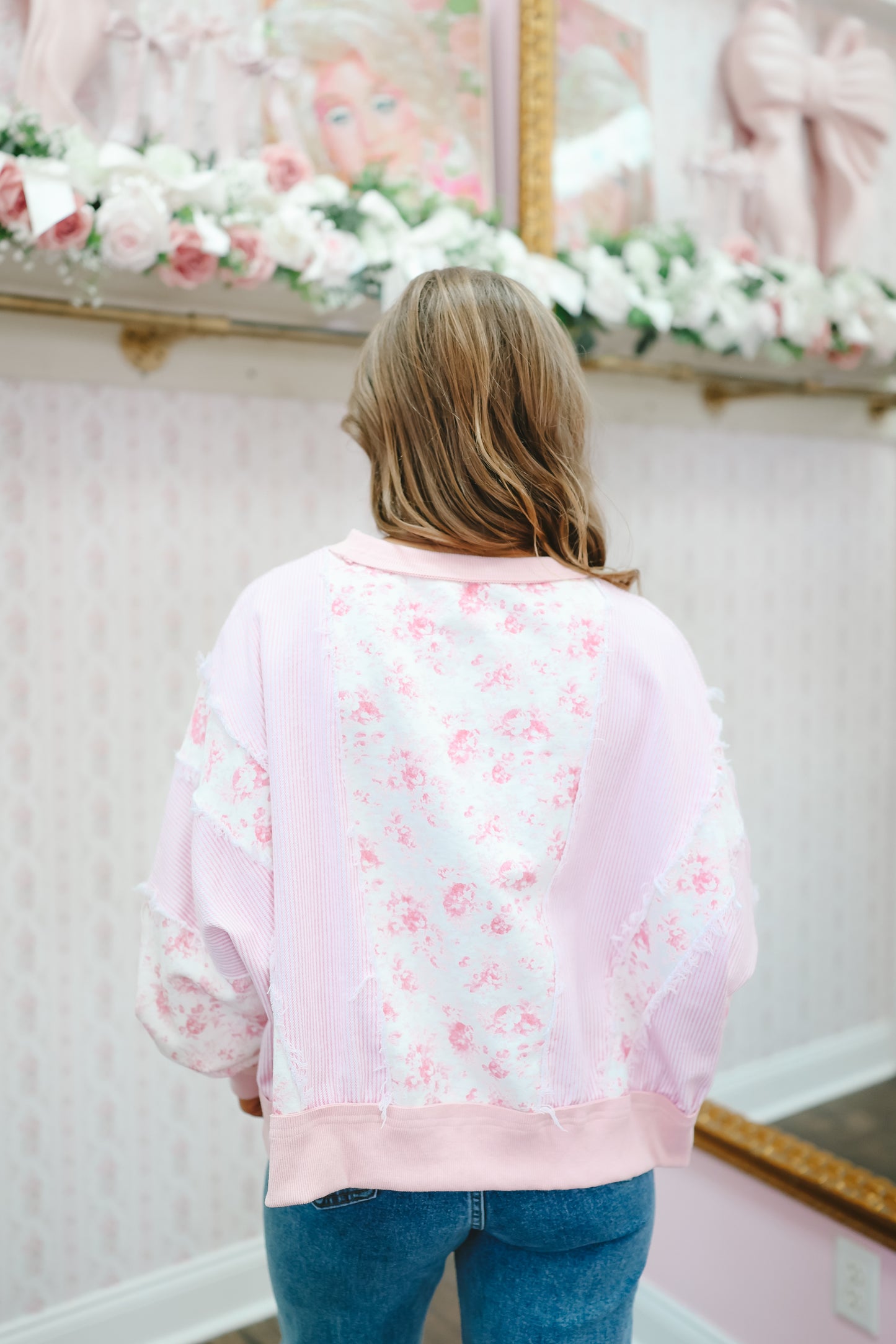 Baker Floral Terry Stripe Color Block Top - Light Pink