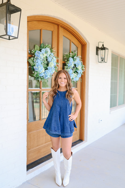 Winnie Denim Tank & Shorts Set - Dark Wash