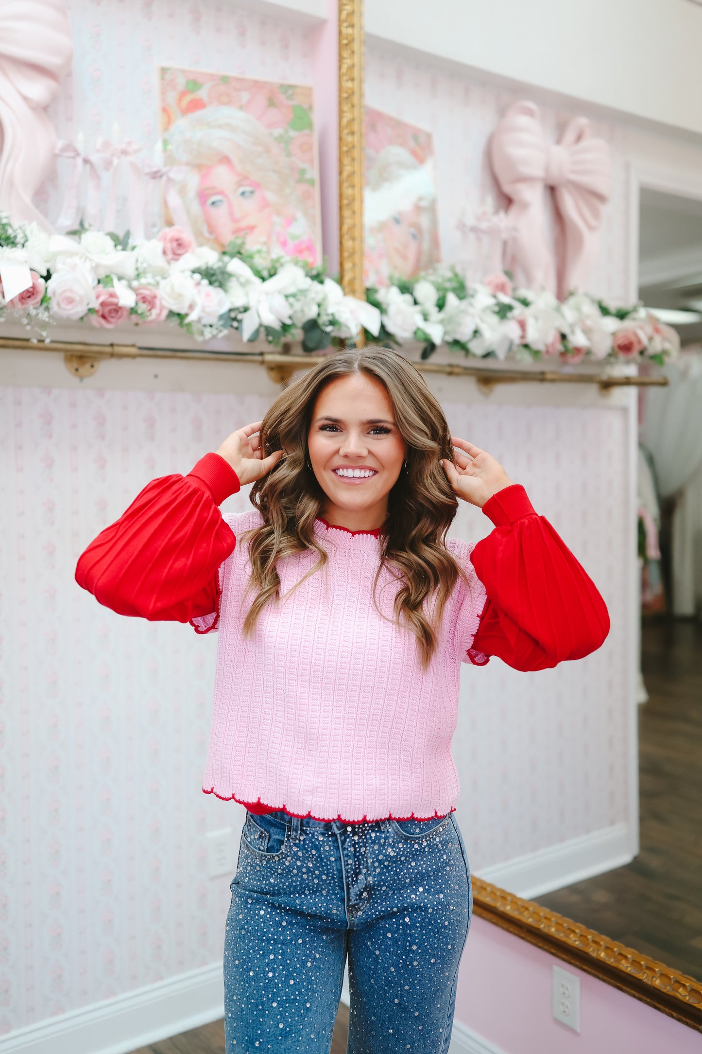 Melissa Scalloped Hem Pointelle Sweater - Pink/Red