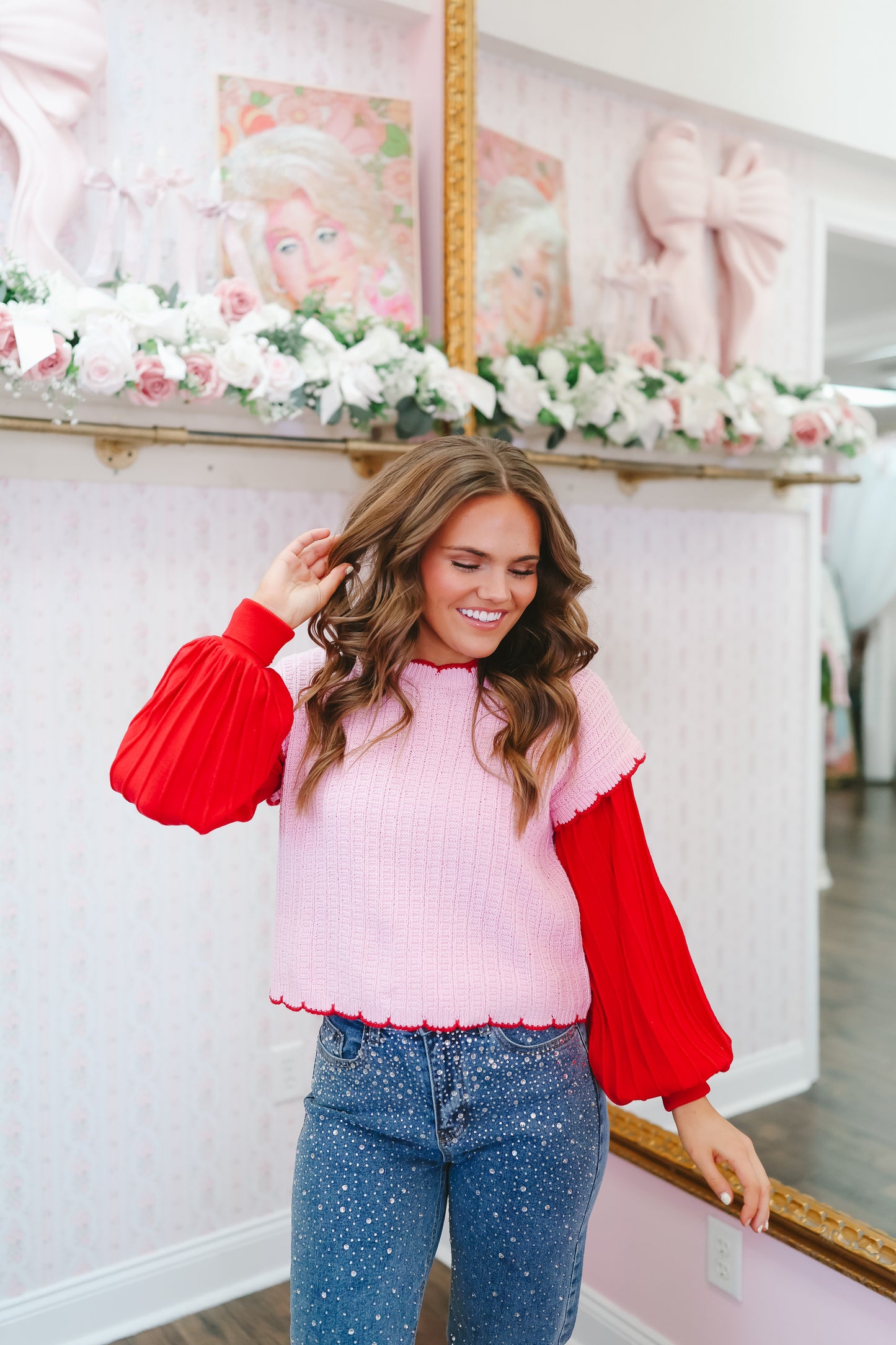 Melissa Scalloped Hem Pointelle Sweater - Pink/Red