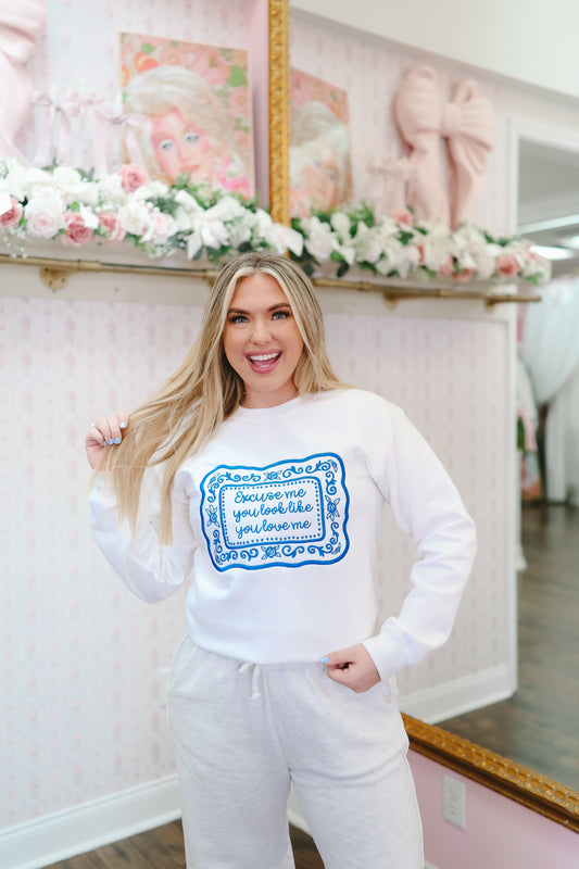 CUSTOM ORDER: Excuse Me Sweatshirt - Off White/Blue