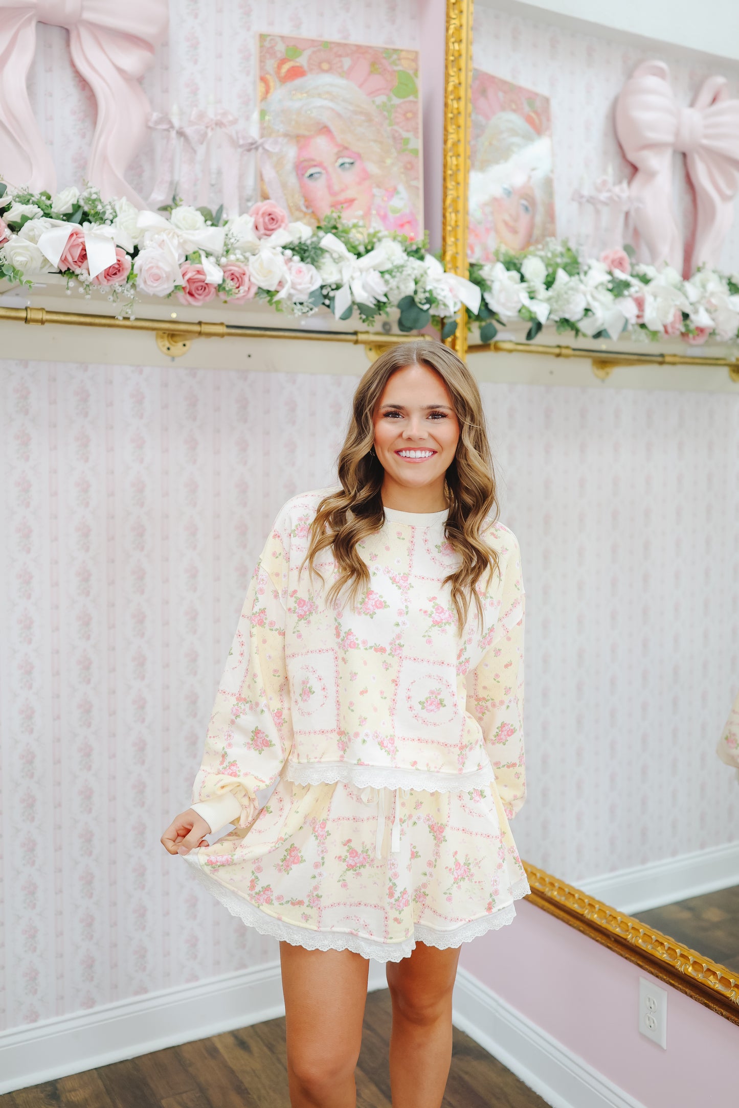 Britt Vintage Floral Lace Trim Skort Set - Light Yellow