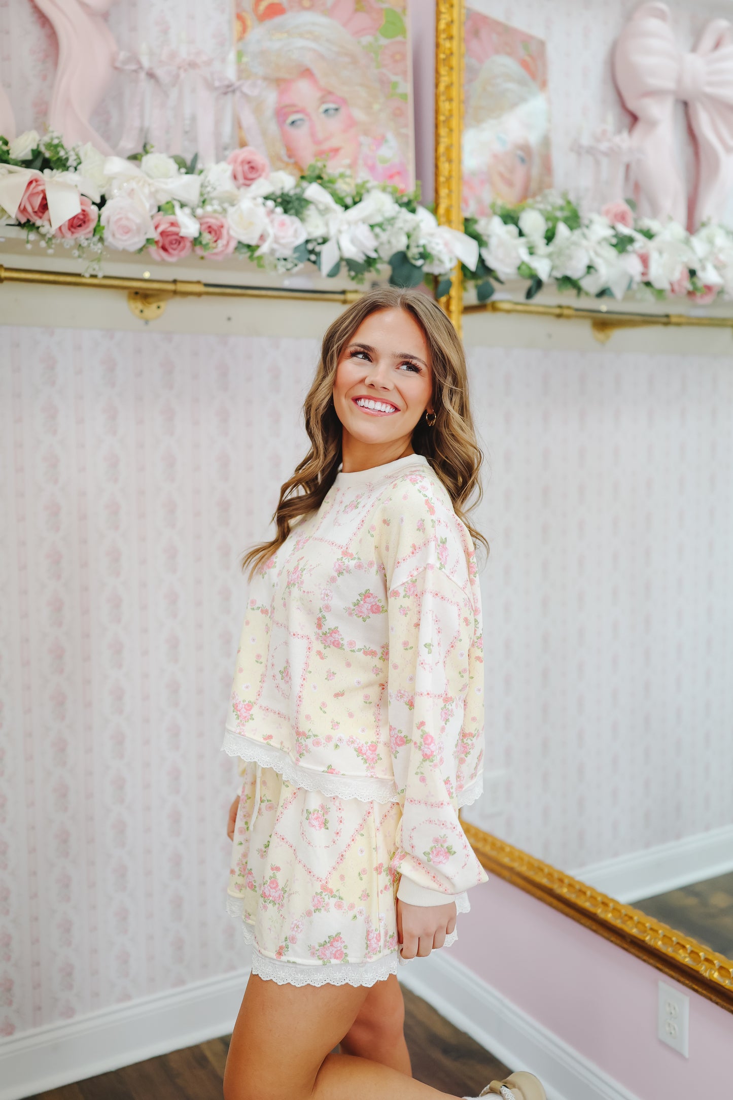 Britt Vintage Floral Lace Trim Skort Set - Light Yellow