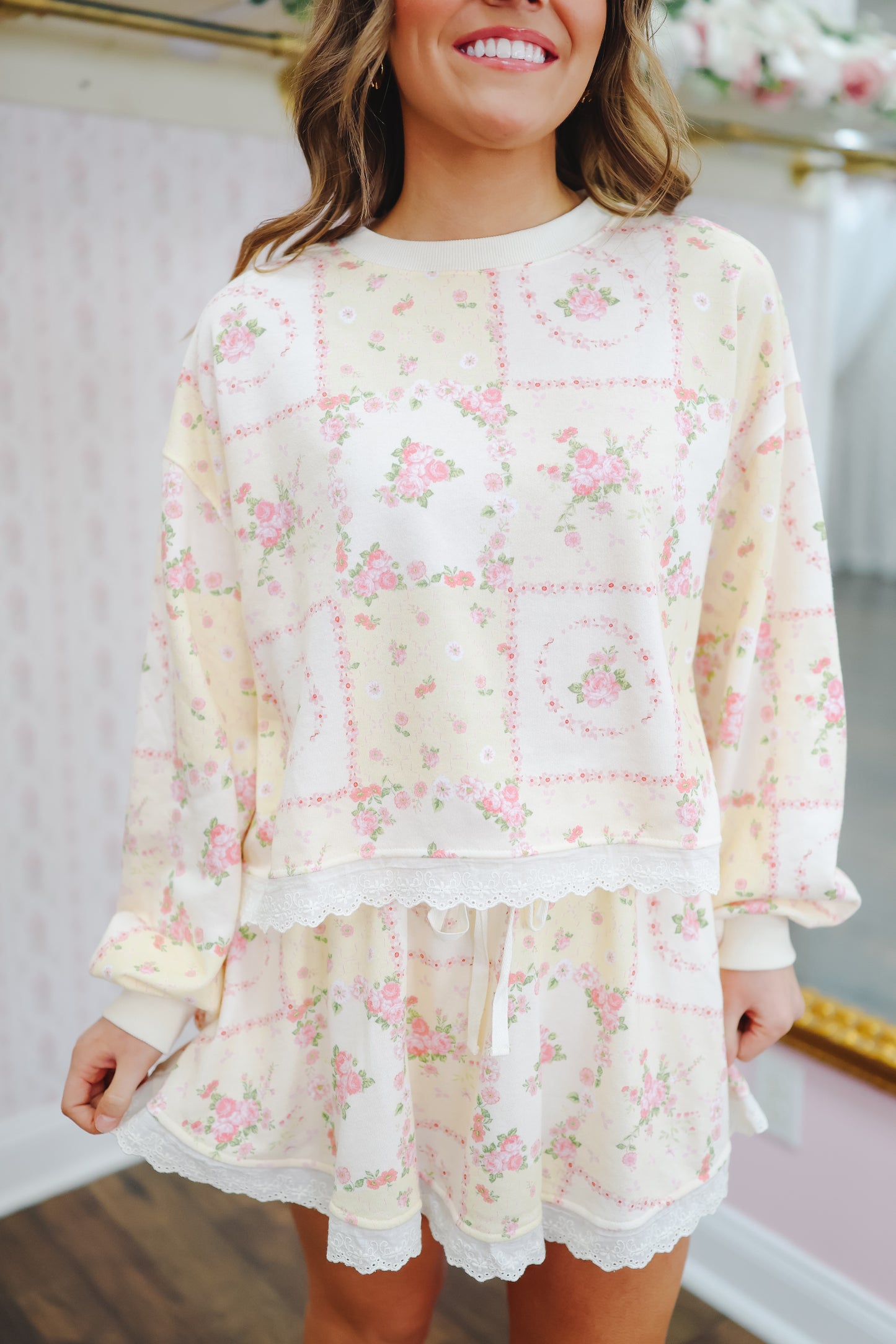 Britt Vintage Floral Lace Trim Skort Set - Light Yellow