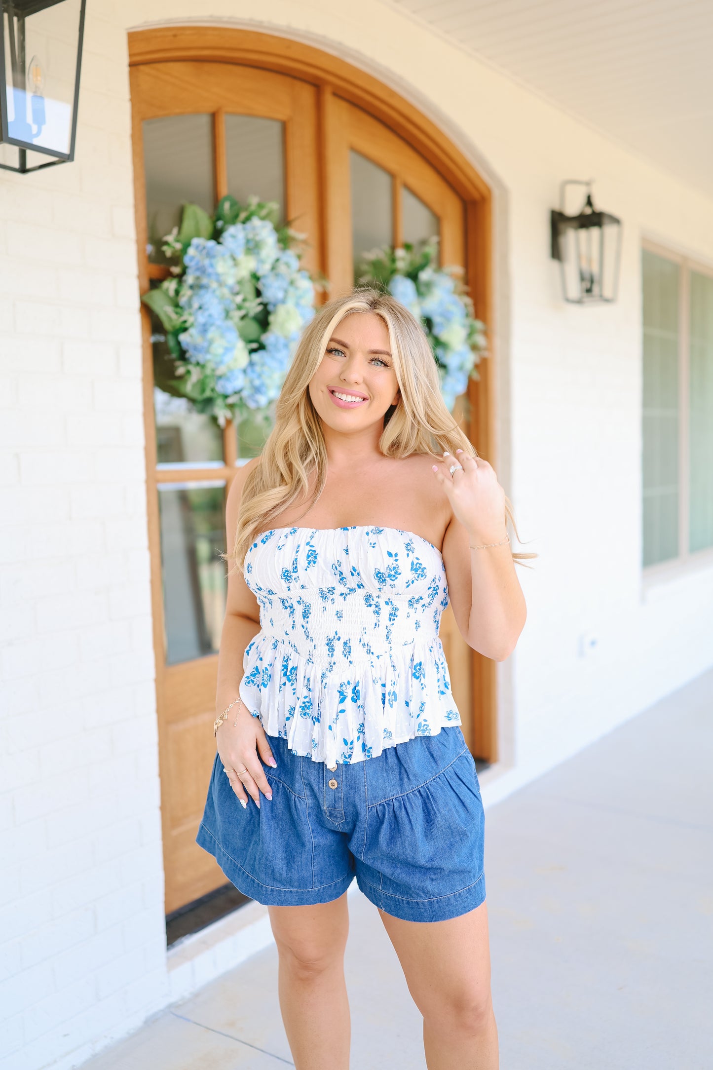 Janey Strapless Smocked Floral Tube Top - White
