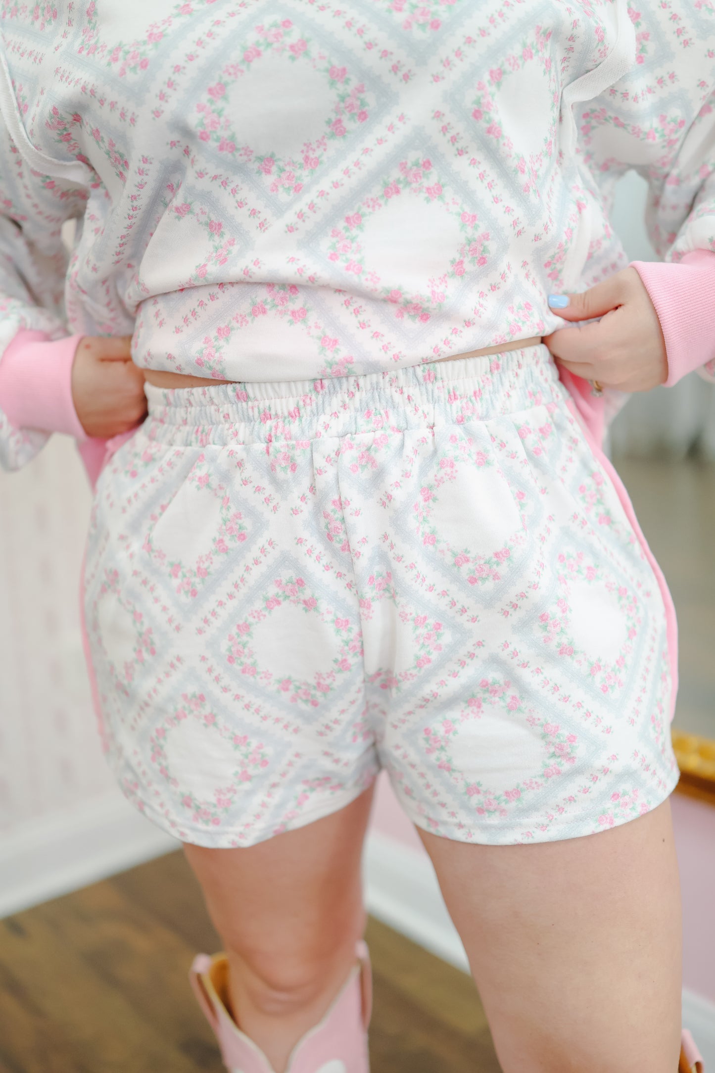 Shonda Floral French Terry Short Set - Pink Multi
