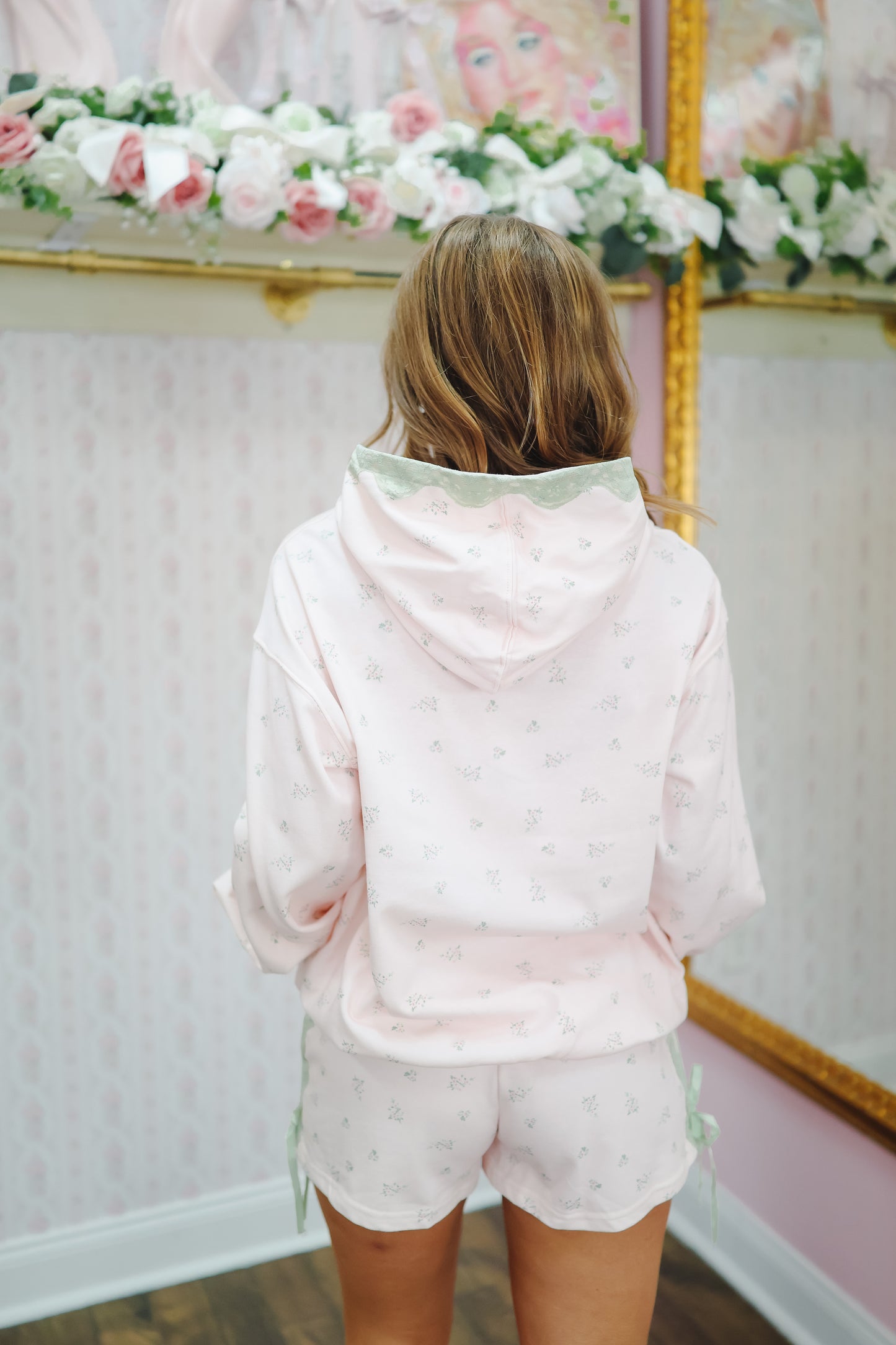 Camie Ditsy Floral Short Set - Light Pink/Sage