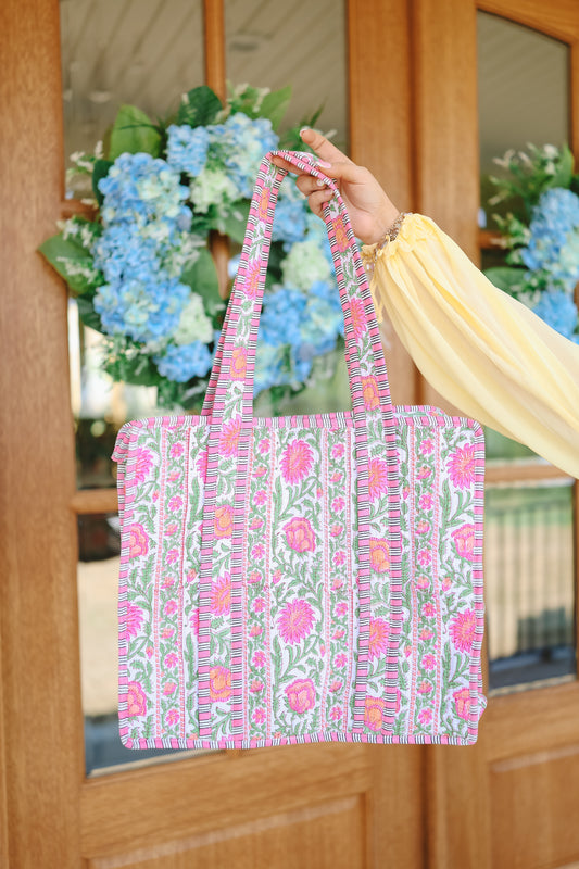 Ronnie Floral Tote Bag - Green/Pink