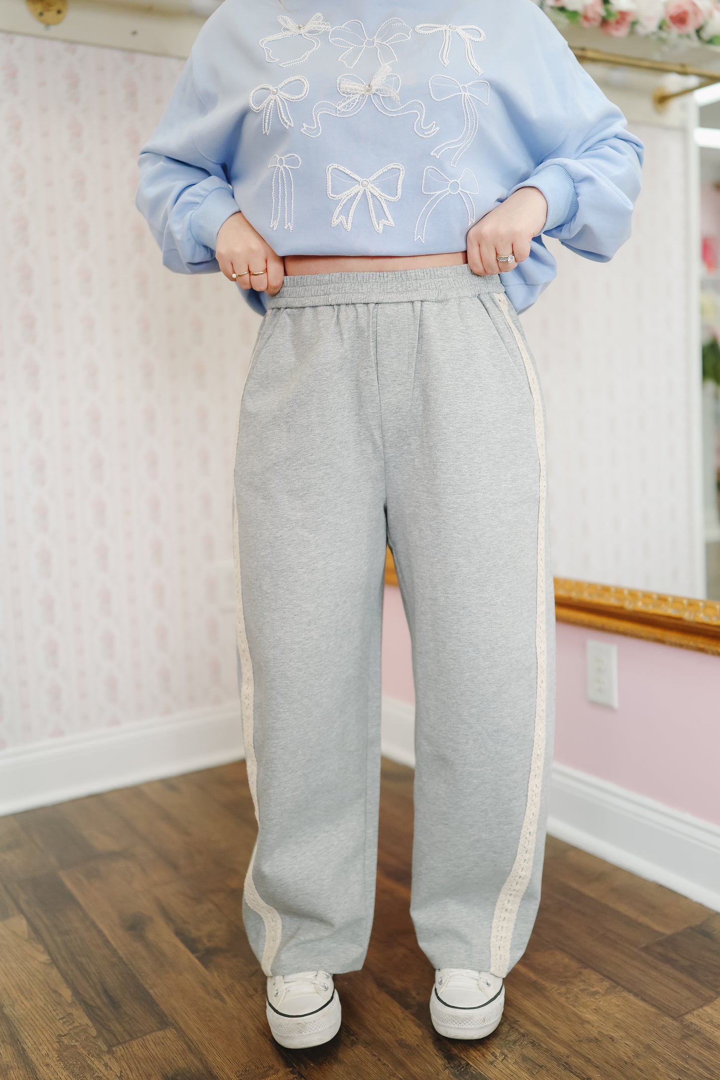 Kylee Lace Trim Barrel Lounge Pants - Heather Grey