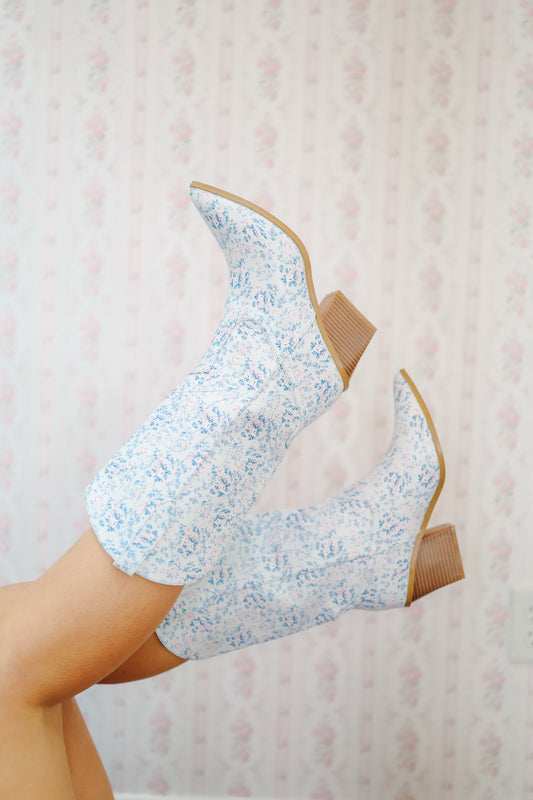 Amanda Floral Western Boots- Blue