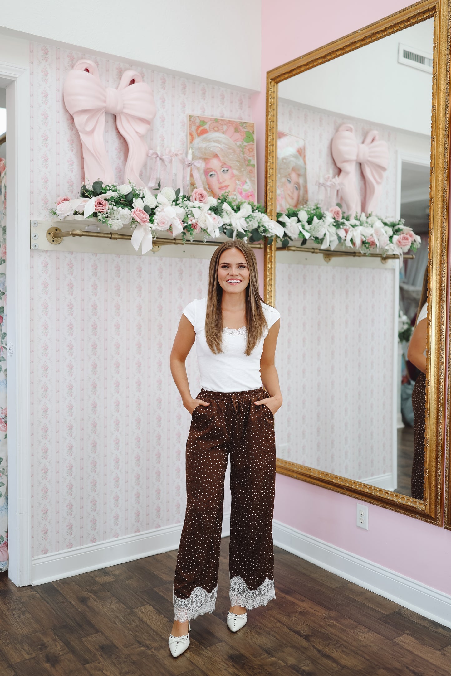 Joelle Satin Polka Dot Lace Wide Leg Pants - Brown