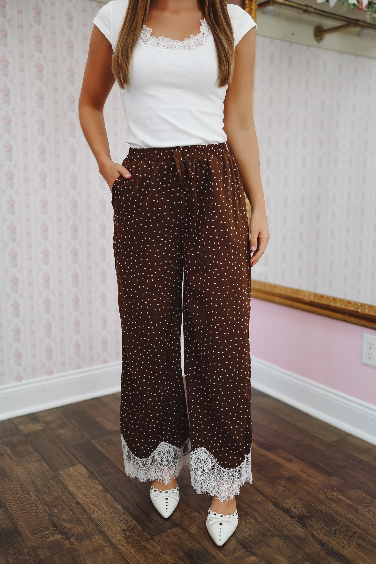 Joelle Satin Polka Dot Lace Wide Leg Pants - Brown