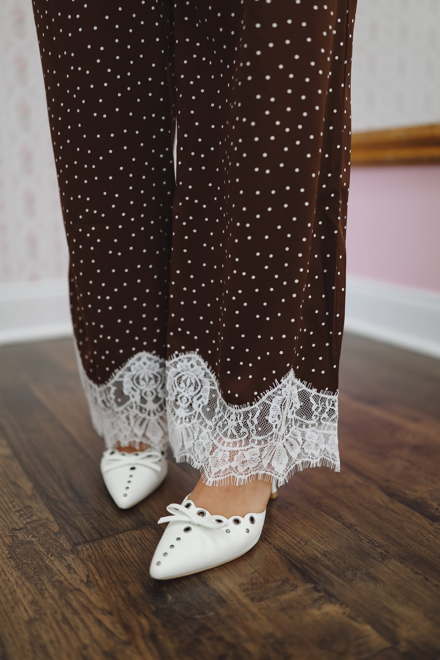 Joelle Satin Polka Dot Lace Wide Leg Pants - Brown