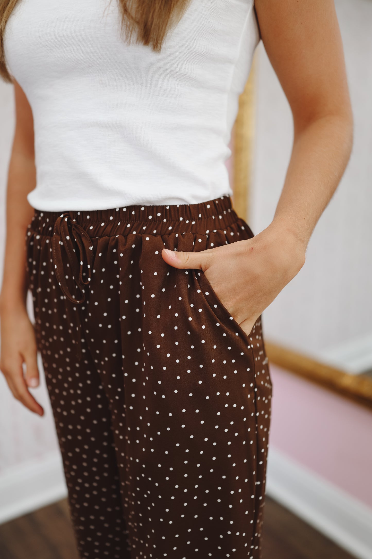 Joelle Satin Polka Dot Lace Wide Leg Pants - Brown