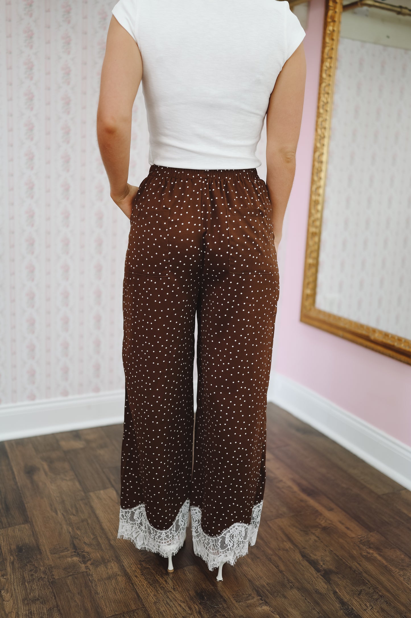 Joelle Satin Polka Dot Lace Wide Leg Pants - Brown