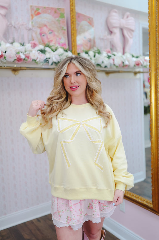 Lisa Embroidered Lace Bow Pullover - Light Yellow