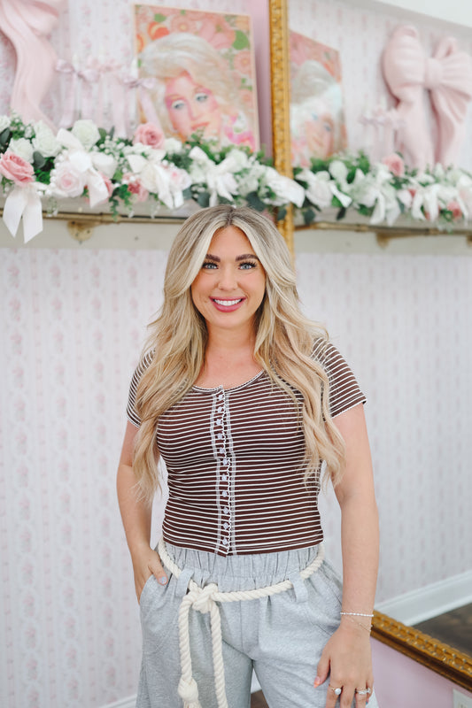 Brandy Stripe Button Up Top - Brown/White