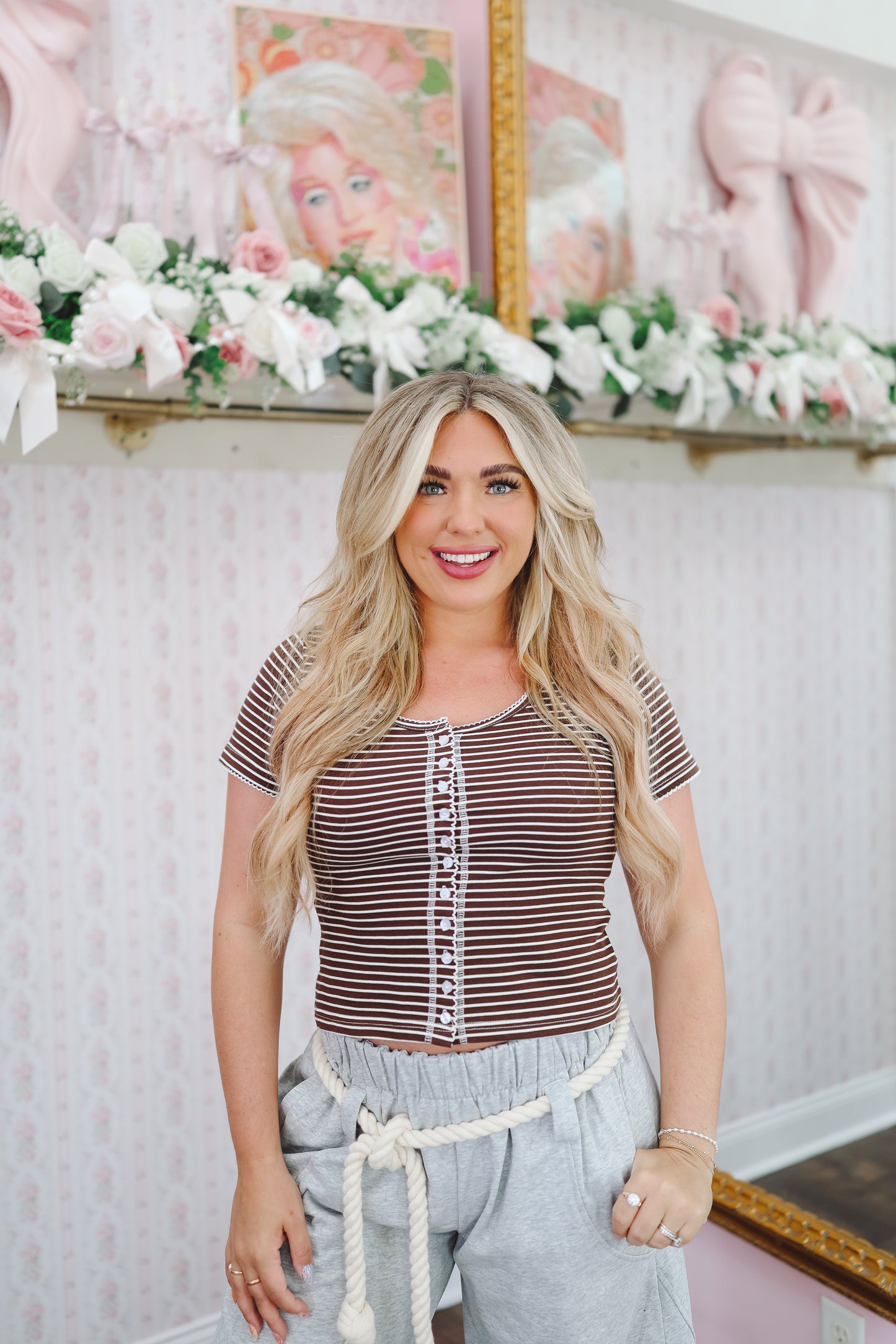 Brandy Stripe Button Up Top - Brown/White