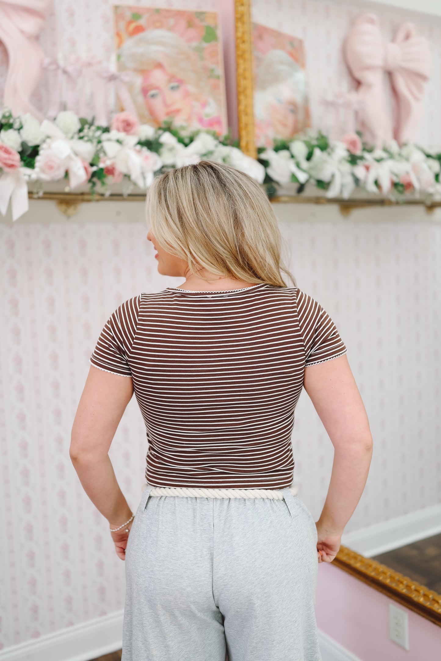 Brandy Stripe Button Up Top - Brown/White