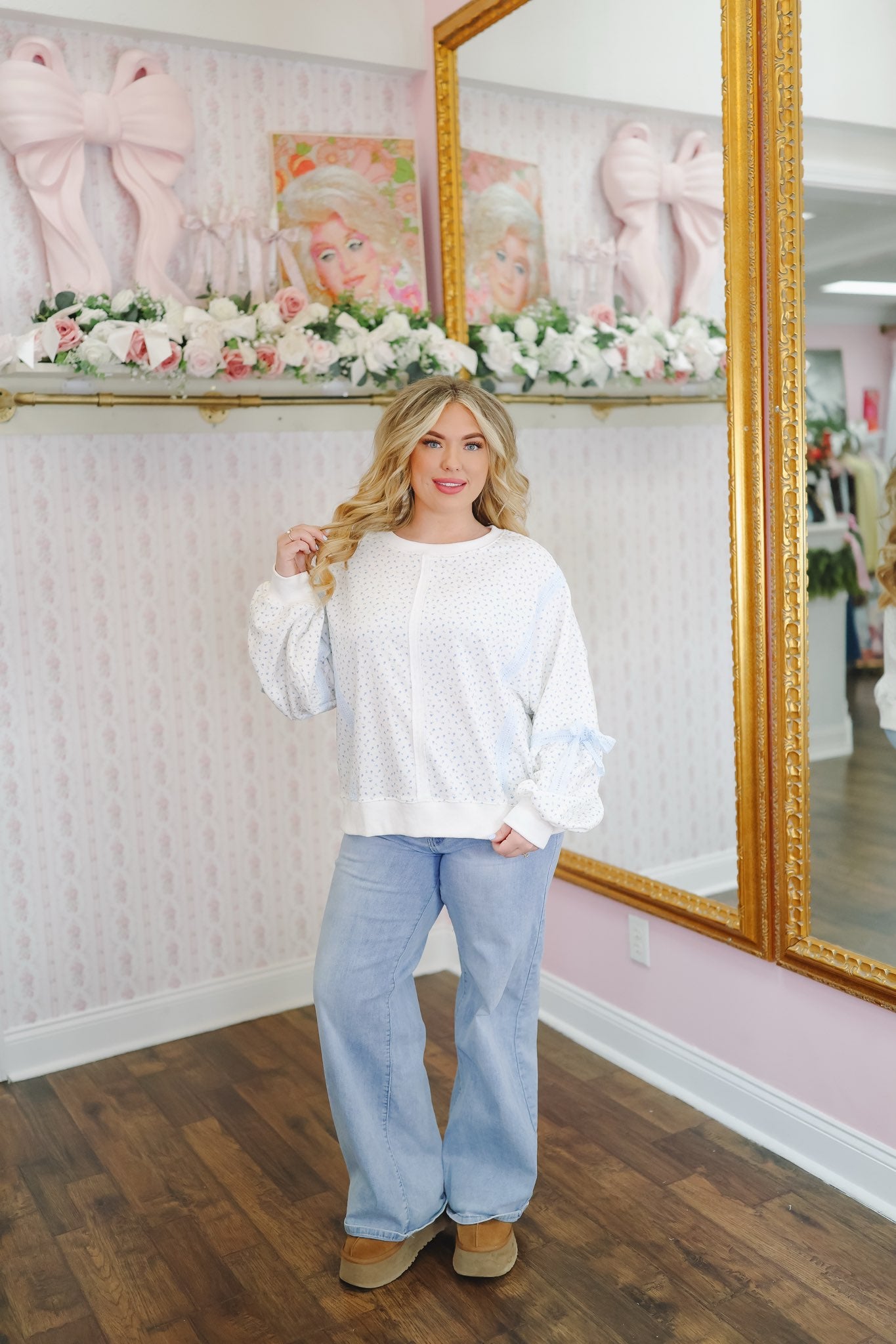 Alisha Ditsy Floral Eyelet Lace Pullover - Light Blue