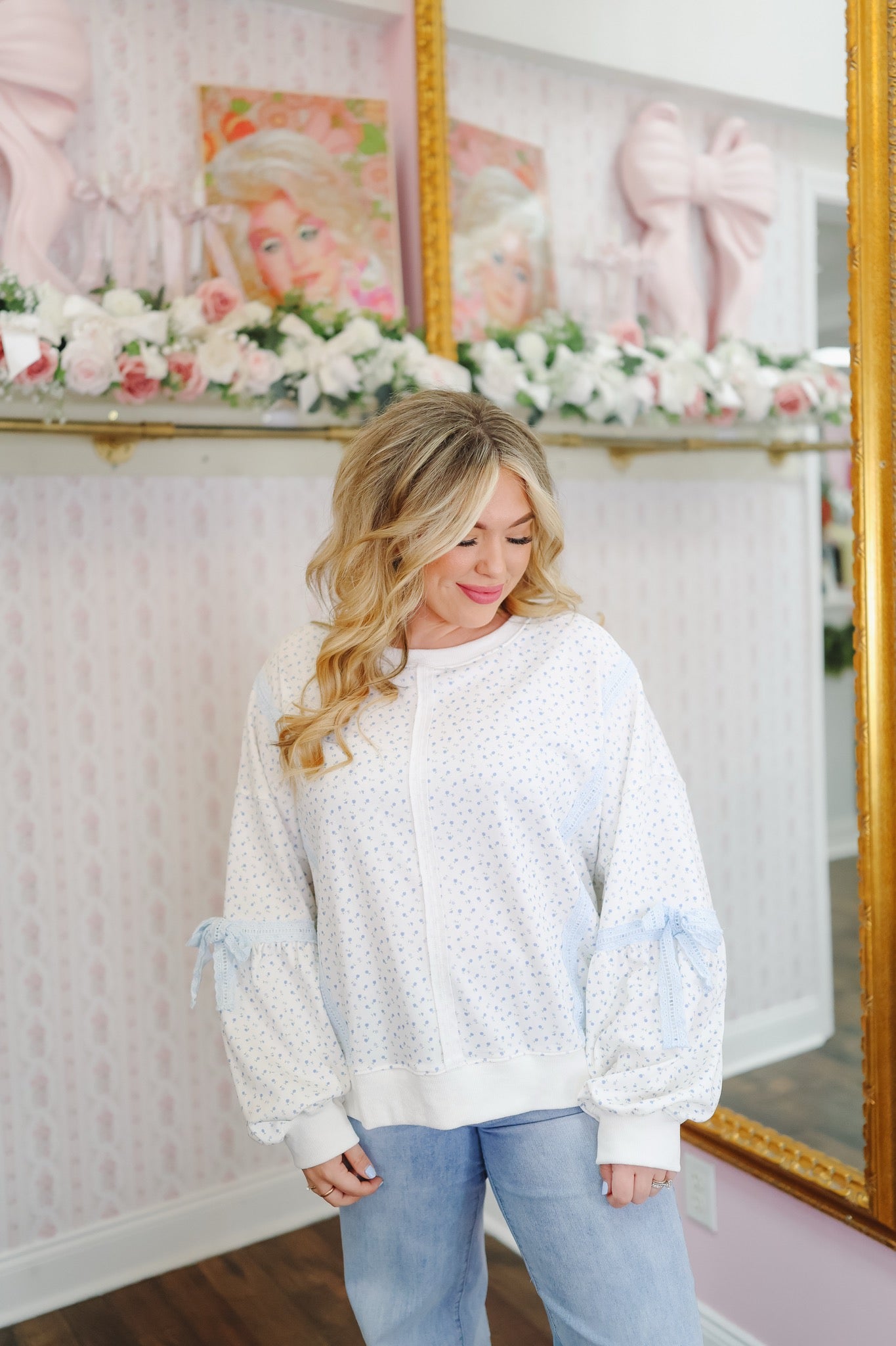 Alisha Ditsy Floral Eyelet Lace Pullover - Light Blue