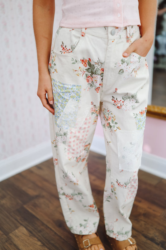 Ashlyn Multi Floral Patchwork Pants - Ivory