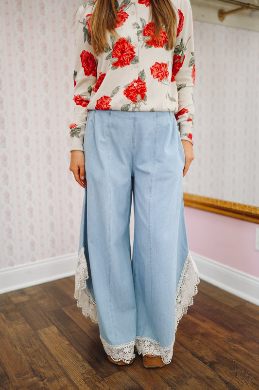 Lena Wide Leg Tulip Hem Crochet Jeans - Light Wash