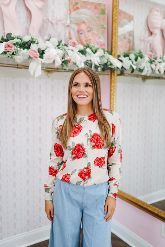 Coralie Floral Button Down Cardigan - Red
